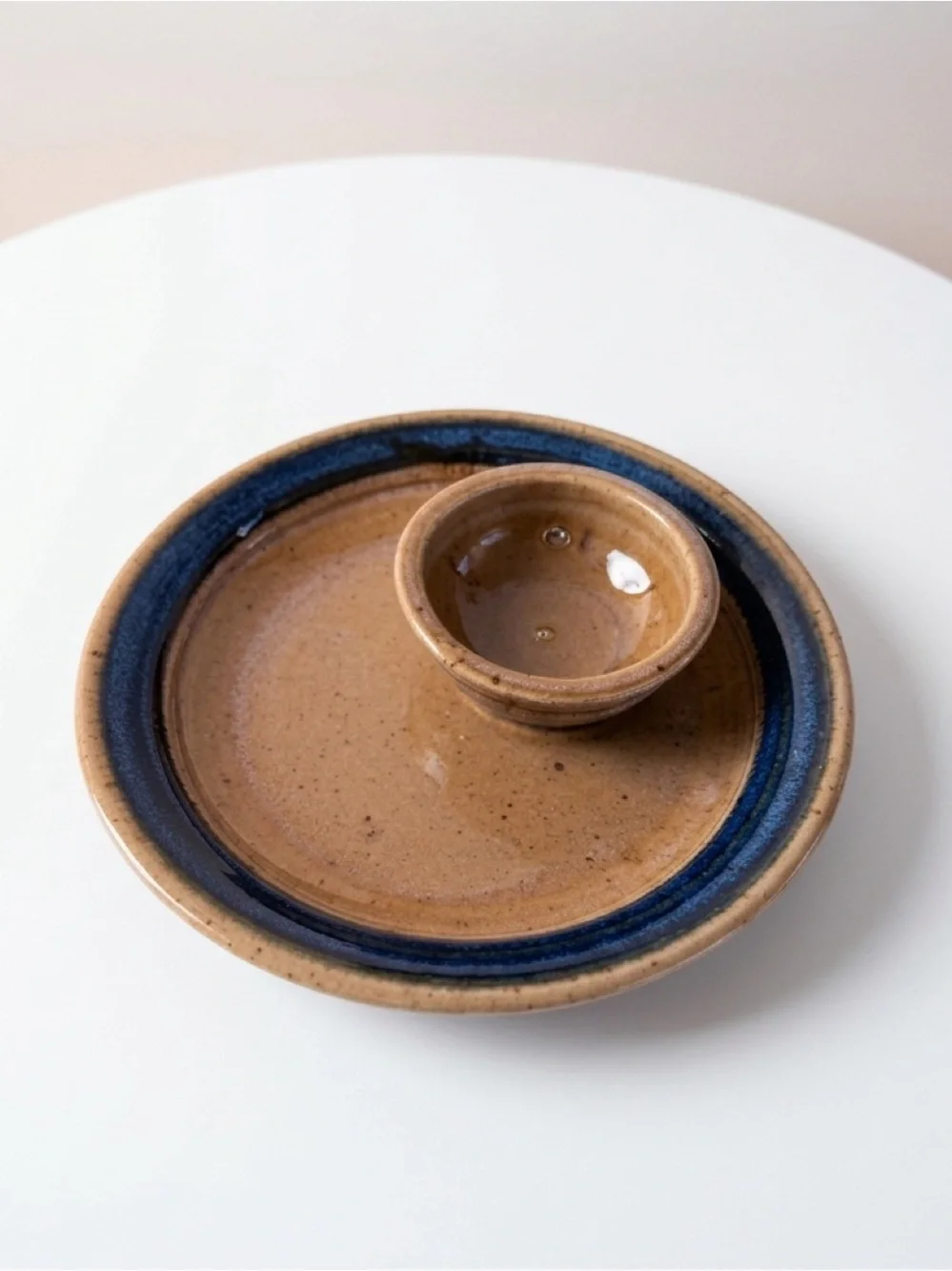 HANDMADE CERAMIC POTTERY SALSA DIP CHIPS SERVING DISH BLUE SPECKLED BROWN GLAZE